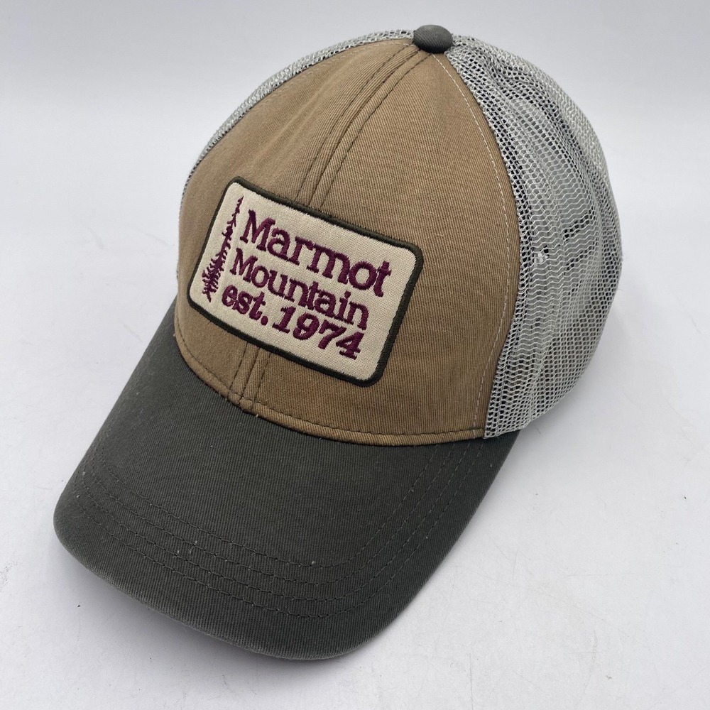 Marmot Mountain est 1974 Trucker Hat Mens OSFA Tan Olive Mesh Snapback Cap